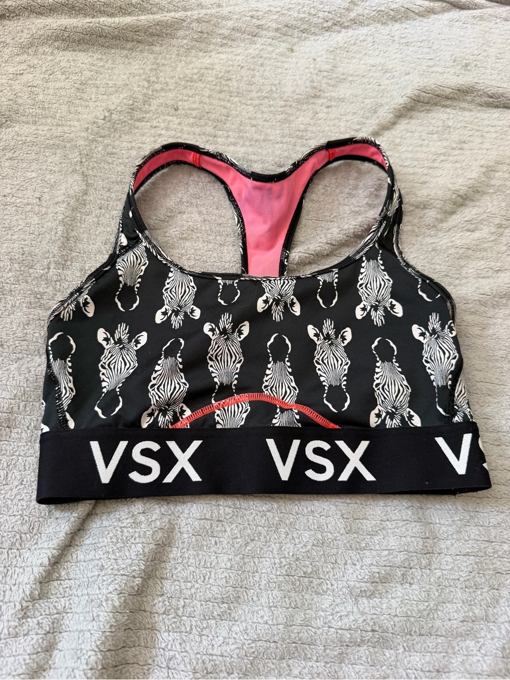 VSX Zebra-Print Racerback Sports Bra — Black with Pink Lining